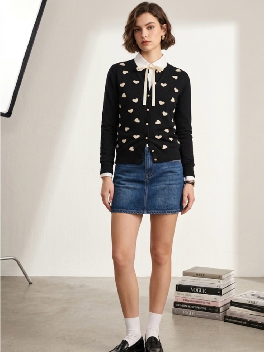 Tenney Rose- Black Heart-Print Cardigan with Cream buttons